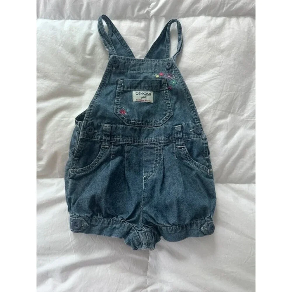 VTG OshKosh B’gosh Girl Denim Bubble Shortalls Embroidered Floral Romper 18m